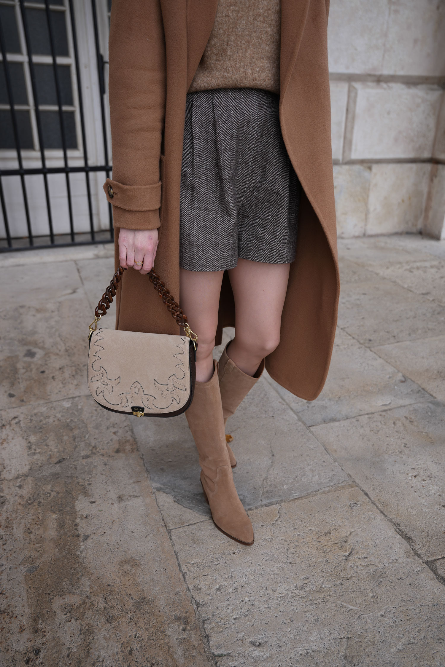 Herbst Outfit, Winter Outfit, shorts, beige, brown, sezane winter coat, zoe lu best buddy brown outfit, beige stiefel bobbies